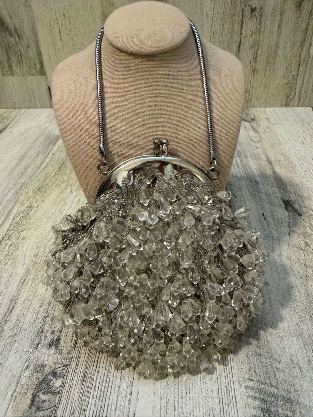 Vintage Clear Tear Drop Seed Beaded Silver Sequin Silvertone Chain Bag Hong Kong